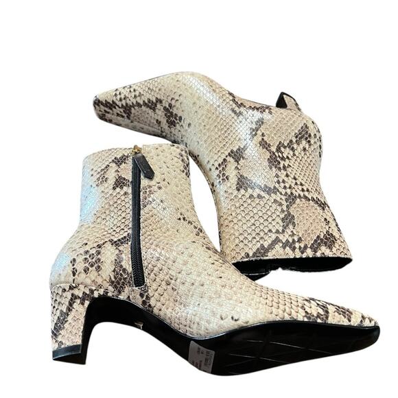 Schutz Dellia Leather Bootie Snake Print Mid  Sculptural Heel Square Toe NEW 5 - Picture 5 of 8